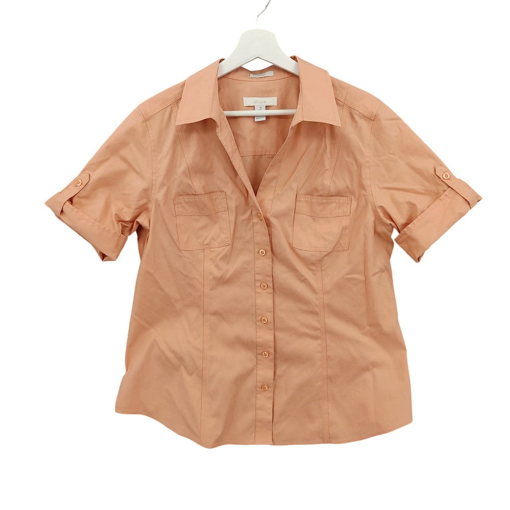 Chicos Womens Classic Coastal No Iron Button Down Size 2 L Peach Short Sleeve